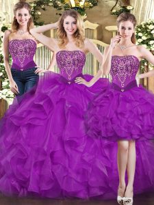 Fantástico púrpura tres piezas rebordear y volantes vestido de fiesta vestido de fiesta con cordones longitud del piso sin mangas