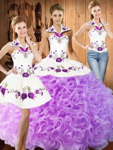 Diseño personalizado lila halter top con cordones bordado quinceañera vestido sin mangas