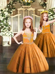 Hermosos vestidos de bola anaranjados tul correas espaguetis sin mangas abalorios hasta el suelo con cordones vestidos de las niñas del desfile