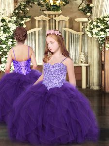 piso de encaje hasta las niñas vestidos de color púrpura para fiesta y quinceañera con apliques y volantes