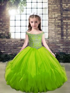 vestidos de bola verdes de tul del hombro sin mangas abalorios longitud del piso ata para arriba los niños ropa formal