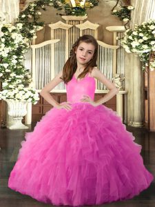 Vestidos de gala de moda niña vestidos de desfile de color rosa intenso correas de tul sin mangas hasta el suelo con cordones