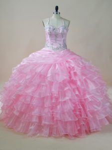 Vestidos de bola dulce 16 vestido de quinceañera rosa bebé halter top organza sin mangas hasta el suelo longitud de encaje