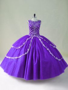 Scoop atractivo sin mangas con cremallera quinceañera vestido de tul púrpura