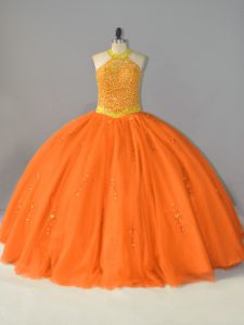 Perfectos tul de color naranja con cordones vestidos de quinceañera sin mangas hasta el suelo abalorios