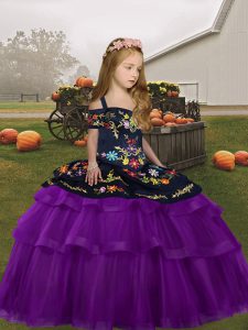 Vestidos de fiesta de color púrpura, correas de tul, bordados sin mangas y capas con volantes, hasta el suelo, con cordones, ropa formal para niños.