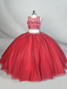 Piso superior largo rojo vestidos de quinceañera tul sin mangas abalorios y apliques
