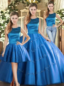 Apliques de moda dulce 16 vestido azul con cordones hasta el suelo sin mangas