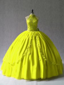 Apliques suntuosos dulce 16 vestido amarillo verde con cordones hasta el suelo sin mangas
