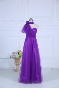 Berenjena púrpura tul cremallera vestidos de damas sin mangas piso longitud fruncido