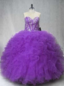 Vestidos de bola de color púrpura de alta calidad cariño sin mangas de hasta el suelo con cordones y volantes vestidos de quinceañera