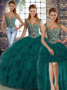 Correas sin mangas encaje hasta 15 vestido de quinceañera pavo real organza verde