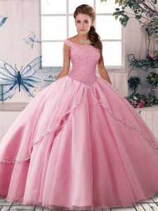 Elegante abalorios vestidos de quinceañera rosa rosa con cordones sin mangas cepillo tren