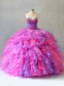 Elegante multicolor de organza con cordones de novia sin mangas con 15 vestidos de quinceañera con cuentas y volantes