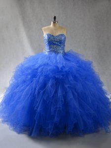Artística vestidos de bola dulce 16 vestido de quinceañera azul real cariño tul longitud del piso sin mangas con cordones