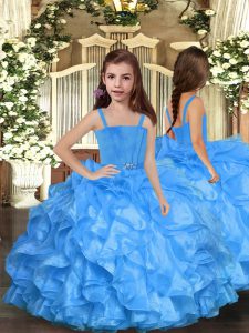 Correas magníficas vestidos de concurso sin mangas para niñas longitud del piso volantes organza azul