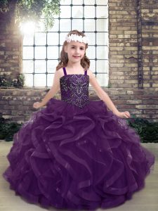 Fantástico piso de longitud púrpura niñas desfile vestidos correas sin mangas hasta