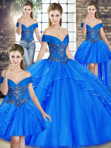 Diseñador de abalorios y volantes dulces 16 vestidos azul real con cordones hasta el suelo sin mangas