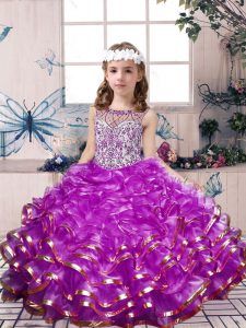 Organza scoop sin mangas con cordones abalorios y volantes vestidos de desfile para niñas en color lila