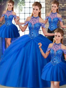 Bonito tren tren vestidos de bola dulce 16 vestidos azul halter top tul sin mangas con cordones