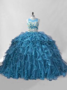 Glorioso azul vestidos de quinceañera primicia sin mangas cepillo tren cremallera