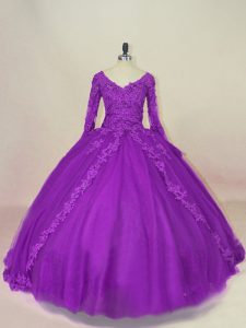 vestidos de bola membrillo vestidos de bola púrpura con cuello en V tul mangas largas hasta el suelo con cordones