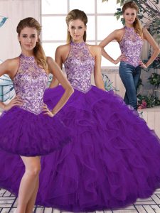 Encaje de tres piezas de color púrpura con abalorios y volantes vestidos de quinceañera con cordones hasta el suelo sin mangas