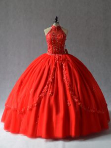 Sofisticados apliques de longitud sin mangas con cordones vestido de fiesta vestido de fiesta con rojo