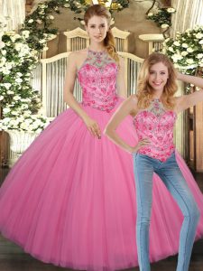 Halter sin mangas con encaje hasta 15 vestido de quinceañera rosa rosa tul