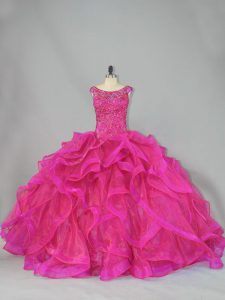 Dulce vestido de baile de graduación de color rosa sin mangas con brocha de organza y tren de gala vestido para el dulce 16 y la quinceañera