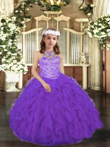 Rebordear y volantes vestido de desfile de niña púrpura con cordones hasta el suelo sin mangas