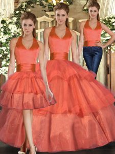 Gran longitud de piso naranja quinceañera vestido de organza sin mangas con volantes capas
