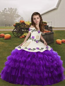 Berenjena púrpura vestidos de bola correas sin mangas piso de organza con cordones bordados y capas con volantes niños vestido del desfile