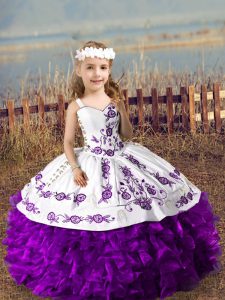 Vestidos de fiesta de color púrpura bordados y volantes niña vestido de concurso encaje hasta organza longitud del piso sin mangas
