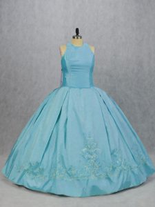 Encantador tafetán azul vestido de quinceañera sin mangas hasta el suelo bordado