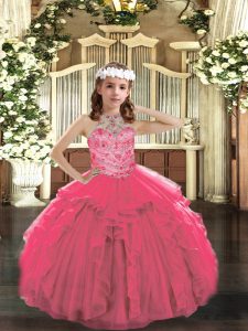 Elegantes vestidos rosa de bola con cuentas y volantes vestido de desfile de niña con cordones sin mangas hasta el suelo