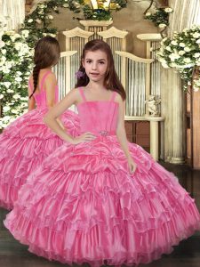 Piso largo rosa rosa niñas desfile vestido de organza sin mangas con volantes capas