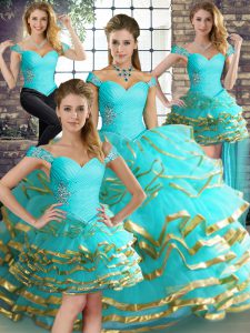 Modernos vestidos de bola azul aqua con cuentas y volantes capas dulce 16 vestido de quinceañera con cordones hasta el tul longitud del piso sin mangas