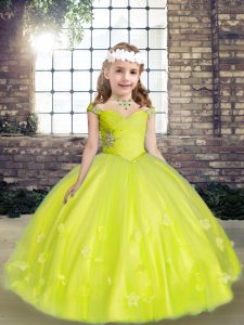 Cordón verde amarillo para niños ropa formal abalorios y flores hechas a mano sin mangas hasta el suelo