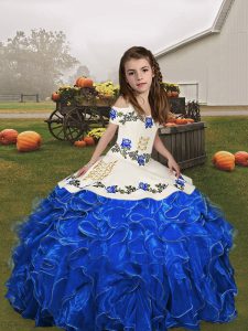 Exquisitos vestidos de fiesta en azul real, bordados y volantes, vestido de desfile infantil, con cordones, organza, sin mangas, hasta el suelo