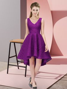 Edgy púrpura una línea de encaje quinceañera dama vestido de encaje de cremallera sin mangas alta baja