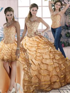 Vestido de fiesta con cordones de oro vestido de fiesta volantes capas sin mangas cepillo tren