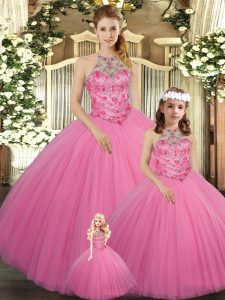 Diseño personalizado rosa rosa con cordones dulce 16 vestido abalorios longitud del piso sin mangas