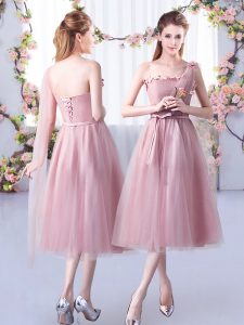 El vestido más popular de dama sin mangas de un hombro para aplicaciones de quinceañera y tul rosa