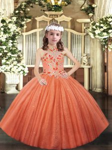 Fantásticos tul de color naranja con cordones vestidos de fiesta para niñas sin mangas hasta el suelo apliques
