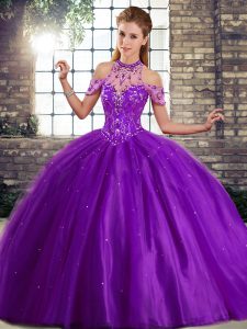 Atractivo tren de pincel sin mangas púrpura con cuentas 15 vestido de quinceañera