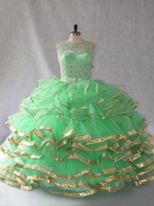 Bonitos vestidos de bola vestido de fiesta vestido de fiesta verde cucharada de organza sin mangas hasta el suelo con cordones