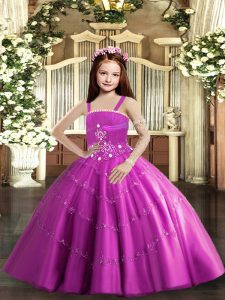 Vestidos de fiesta lilas correas tafetán sin mangas y largo hasta el suelo con cordones rebordeando vestido de niña pequeña vestido