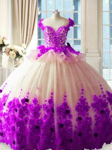 Impresionante blanco y púrpura sin mangas hecho a mano con cremallera flor 15 cumpleaños vestido