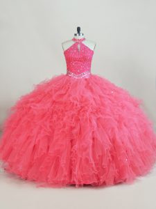 Maravilloso vestido rosa de fiesta vestido de invierno sin mangas con cordones hasta abalorios y volantes vestido 15 cumpleaños